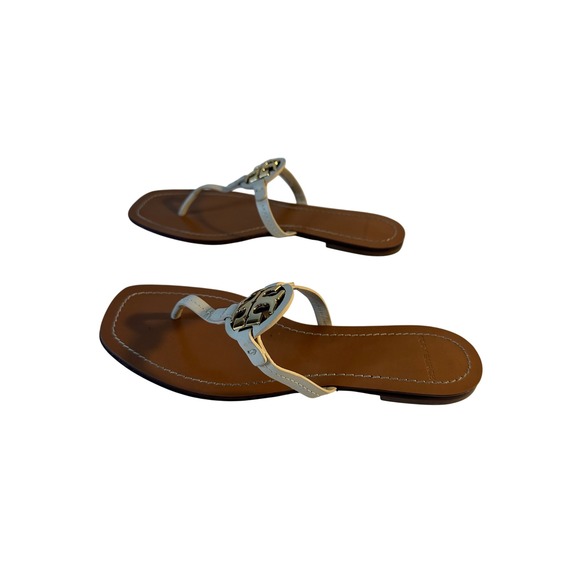 Tory Burch Mini Miller Leather Thong Sandals Size 8M Dulce De Leche Metal Logo - Picture 2 of 12